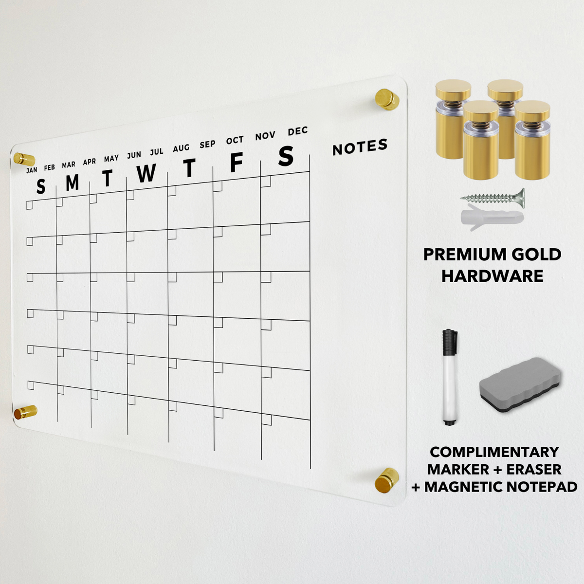 Acrylic monthly calendar with a side Notes column, gold mounting hardware and dry-erase accessory options.