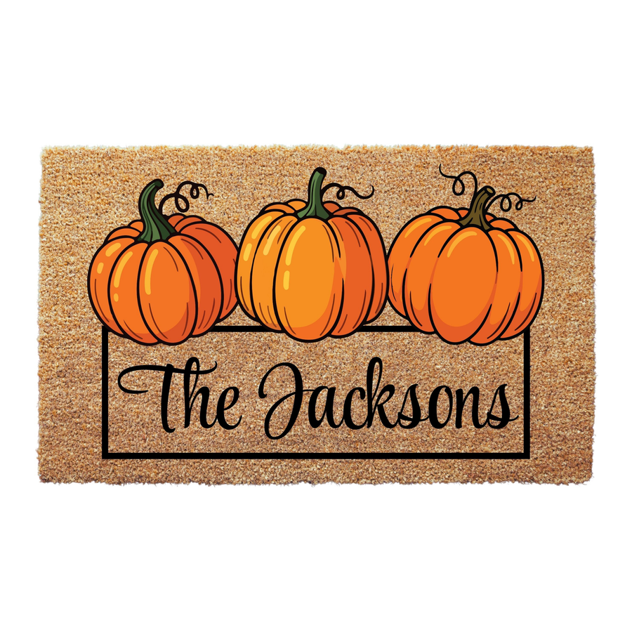 3 Pumpkins Family Name Doormat