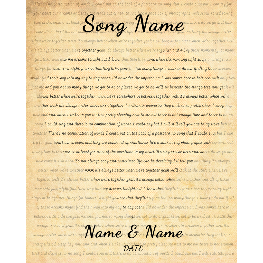 Music Lyrics on Heart Highlighted Canvas - Song Lyrics Printed on Cotton