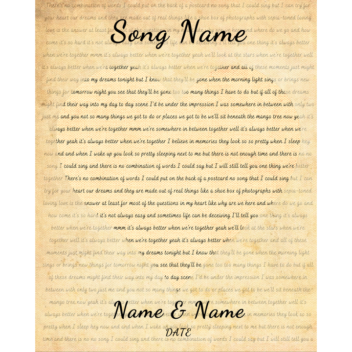 Music Lyrics on Heart Highlighted Canvas - Song Lyrics Printed on Cotton