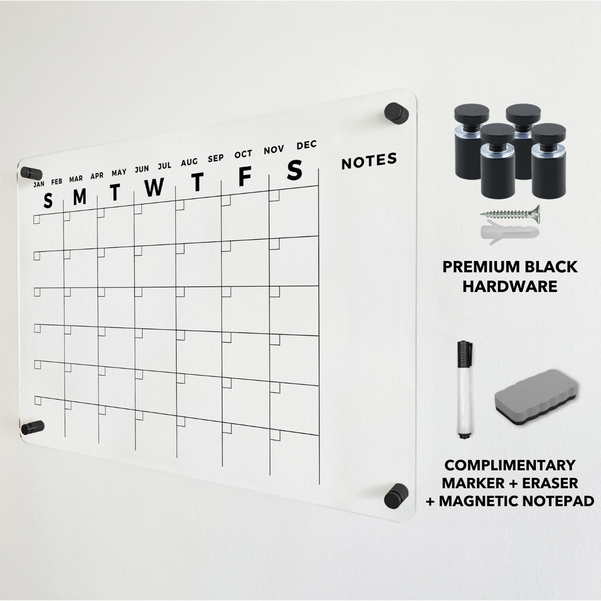 Acrylic monthly calendar with a side Notes column, black mounting hardware and dry-erase accessory options.