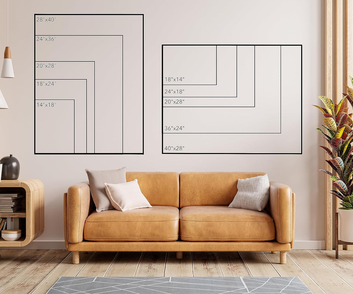 Wall calendar size comparison above a sofa, showing portrait and landscape outlines from 14 × 18 to 28 × 40 inches.