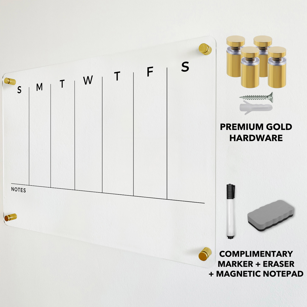 Acrylic weekly planner with seven daily columns and Notes, shown with gold mounting hardware and dry-erase accessories.