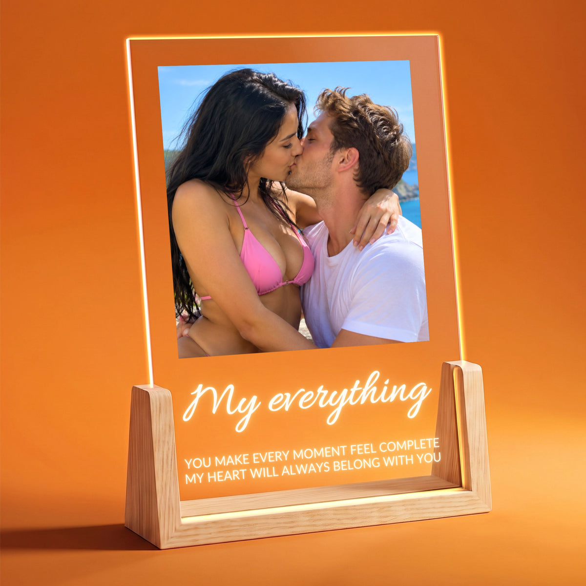 Photo Collage Plaque - Elegant Script lit on a wooden LED stand with one photo of friends and the sample text My everything