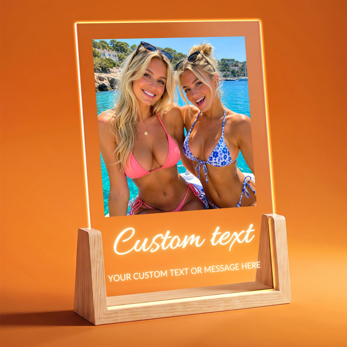 Photo Collage Plaque - Elegant Script on a wooden LED stand with one photo of friends and the placeholder text Custom text