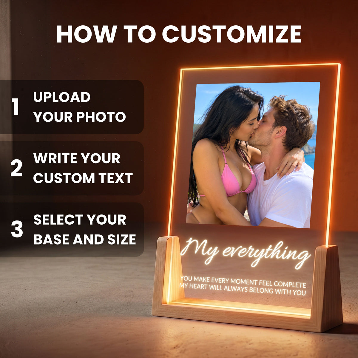 How to customize the Photo Collage Plaque - Elegant Script: upload your photo, write your custom text, select base and size