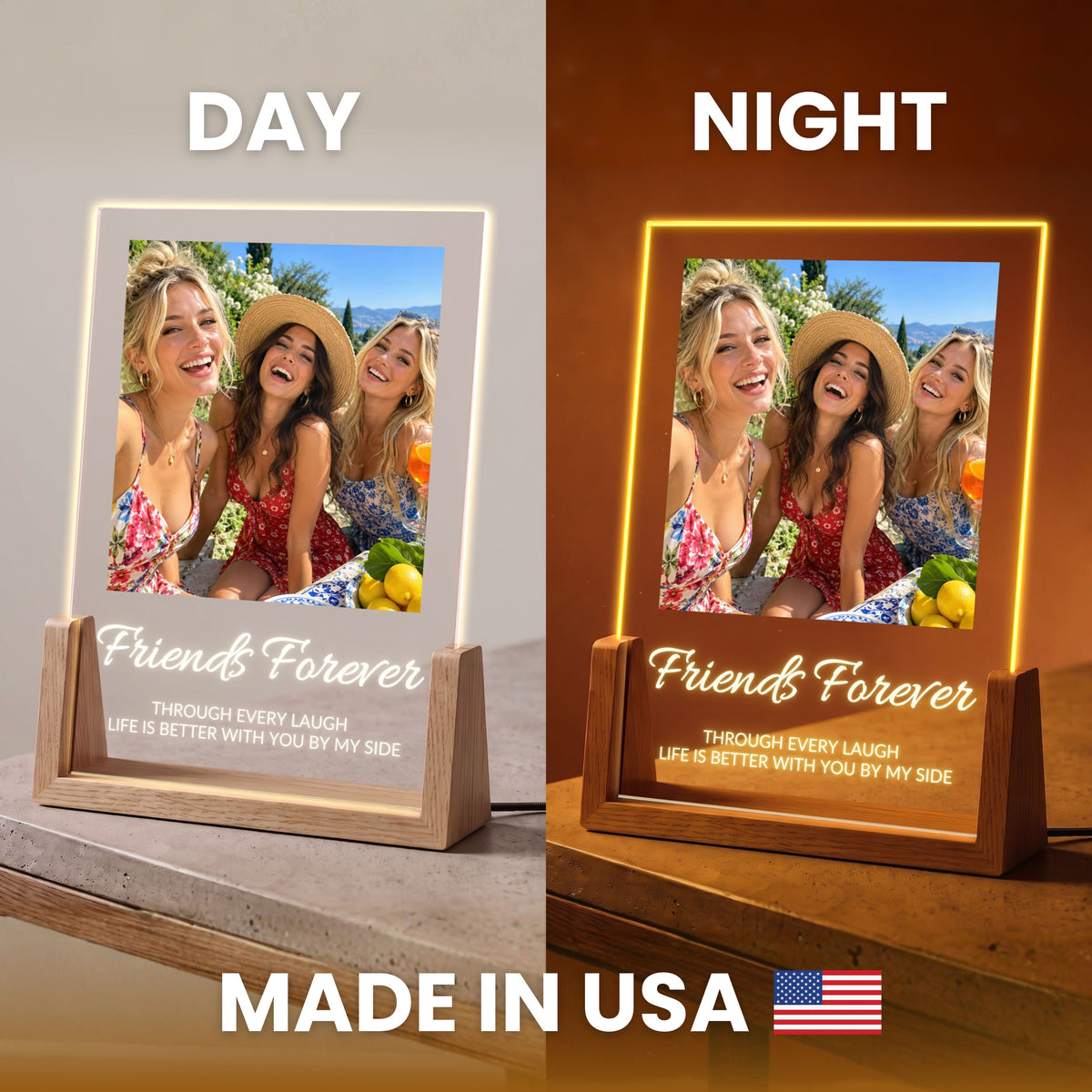 Photo Collage Plaque - Elegant Script shown by day and lit at night, labeled Made in USA