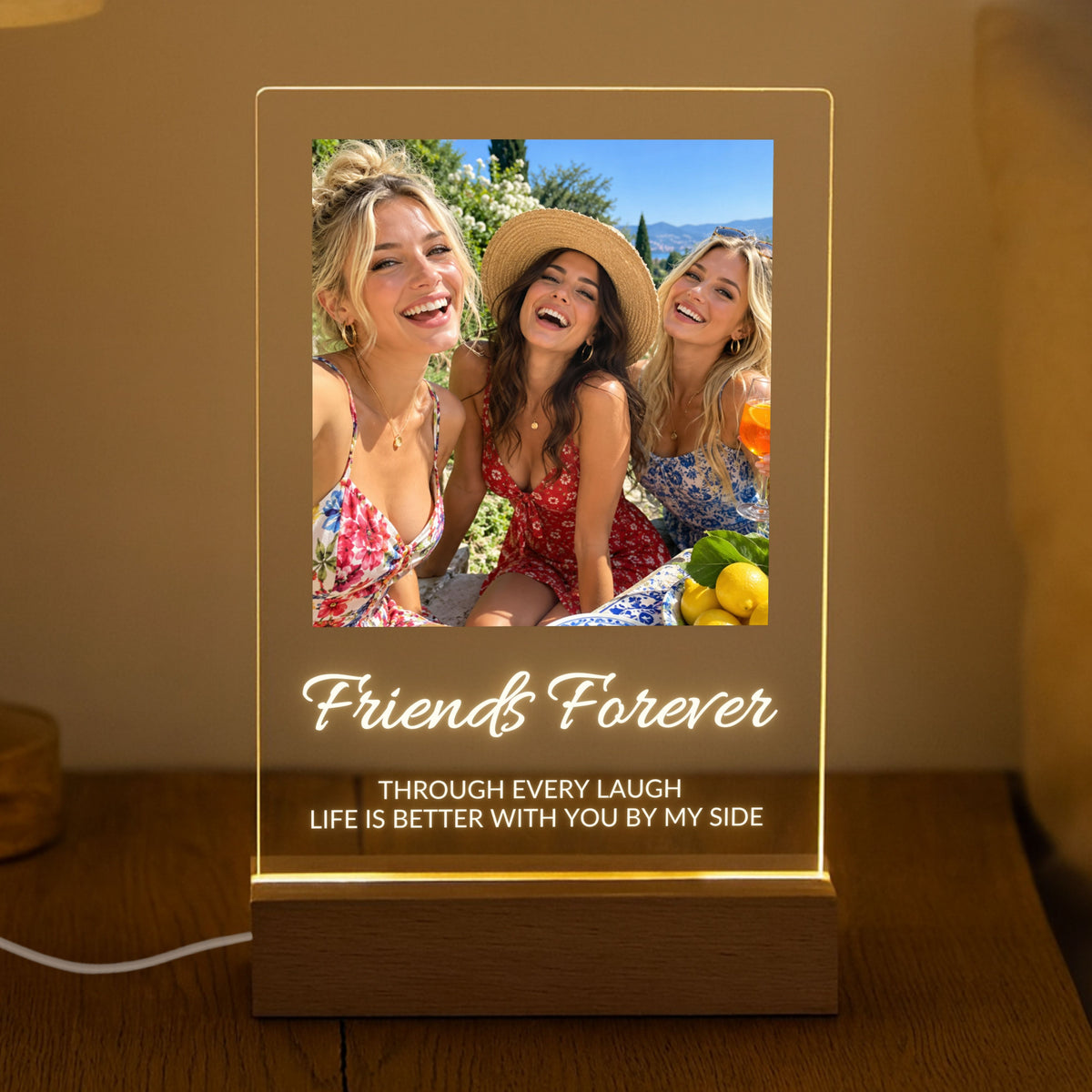 Photo Collage Plaque - Elegant Script glowing on a wooden LED stand in a dark room with the sample text Friends Forever