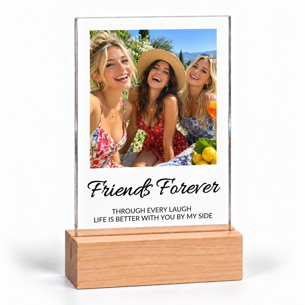 Clear acrylic Photo Collage Plaque - Elegant Script on a plain wooden stand with the sample text Friends Forever, on white