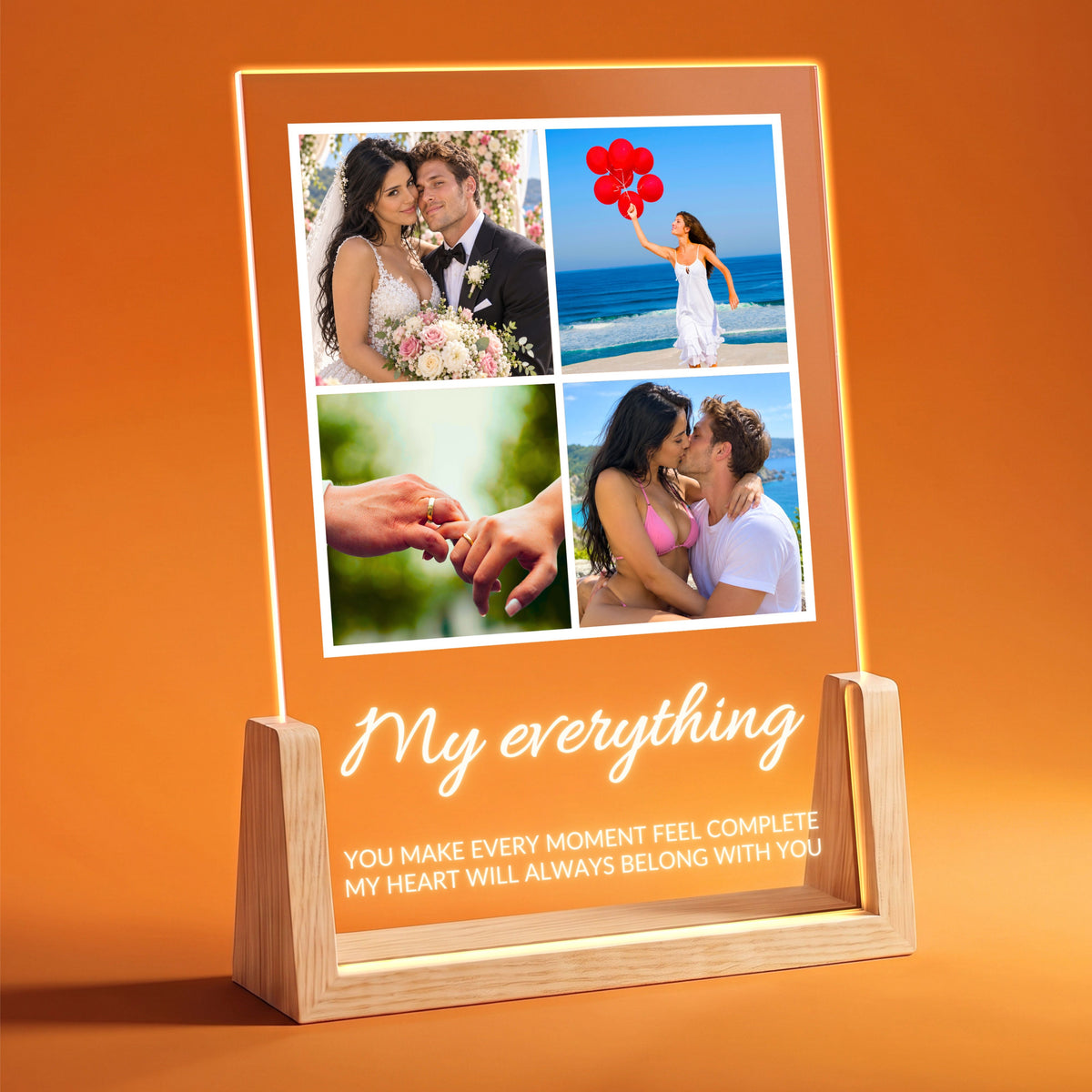 Four Photo Collage Plaque - Elegant Script lit on a wooden LED stand with four photos and the sample text My everything