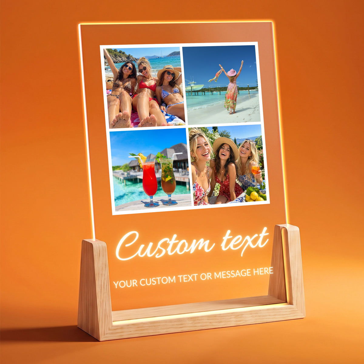 Four Photo Collage Plaque - Elegant Script on a wooden LED stand with four photos and the placeholder text Custom text