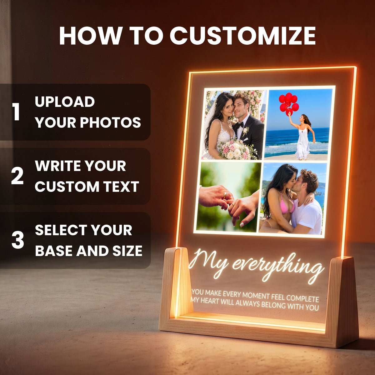 How to customize the Four Photo Collage Plaque - Elegant Script: upload your photos, write your custom text, select base and size