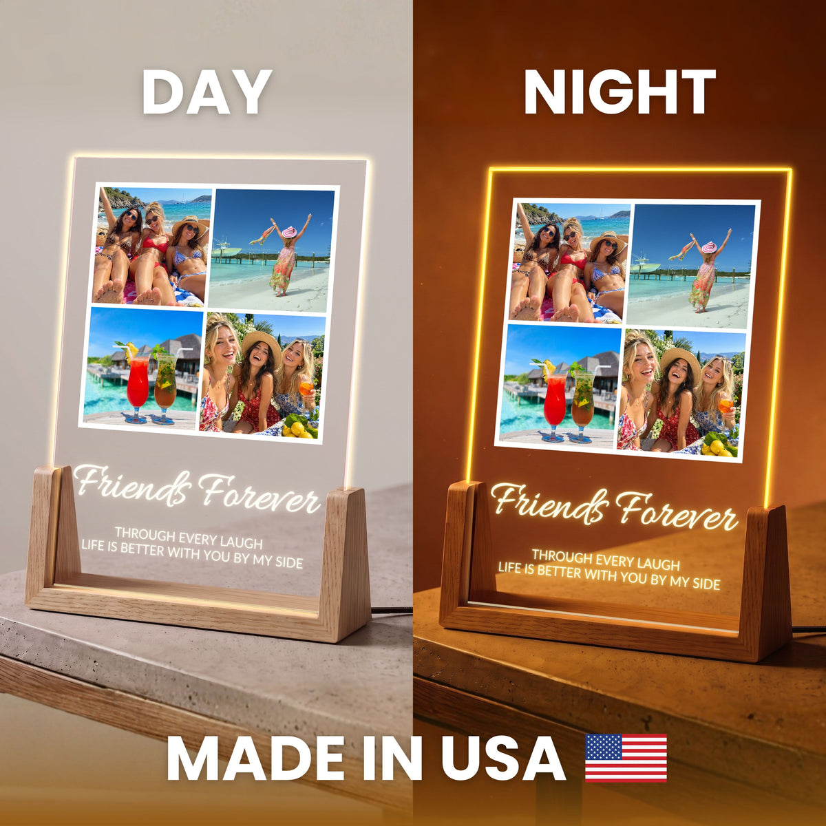 Four Photo Collage Plaque - Elegant Script shown by day and lit at night, labeled Made in USA