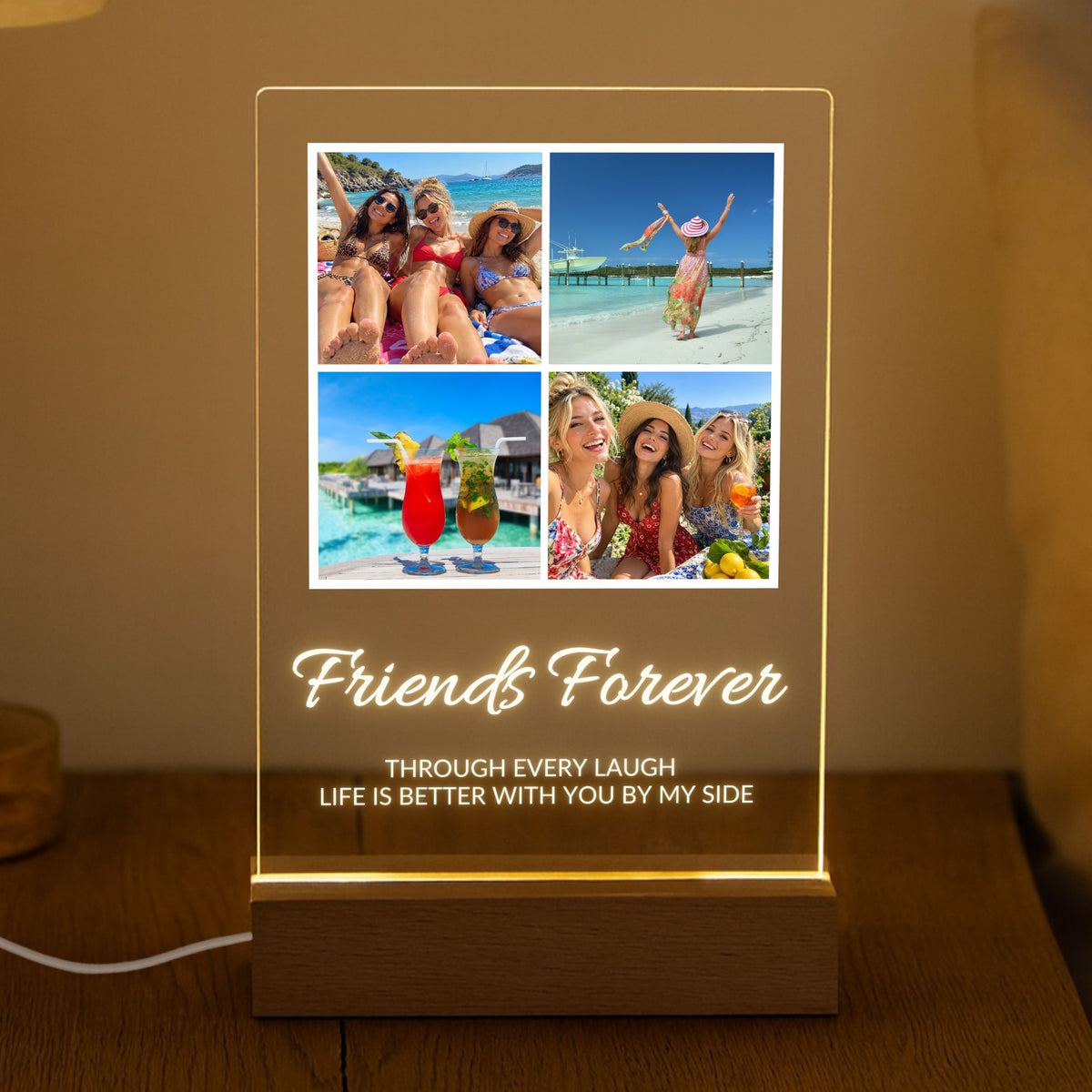Four Photo Collage Plaque - Elegant Script glowing on a wooden LED stand in a dark room with the sample text Friends Forever