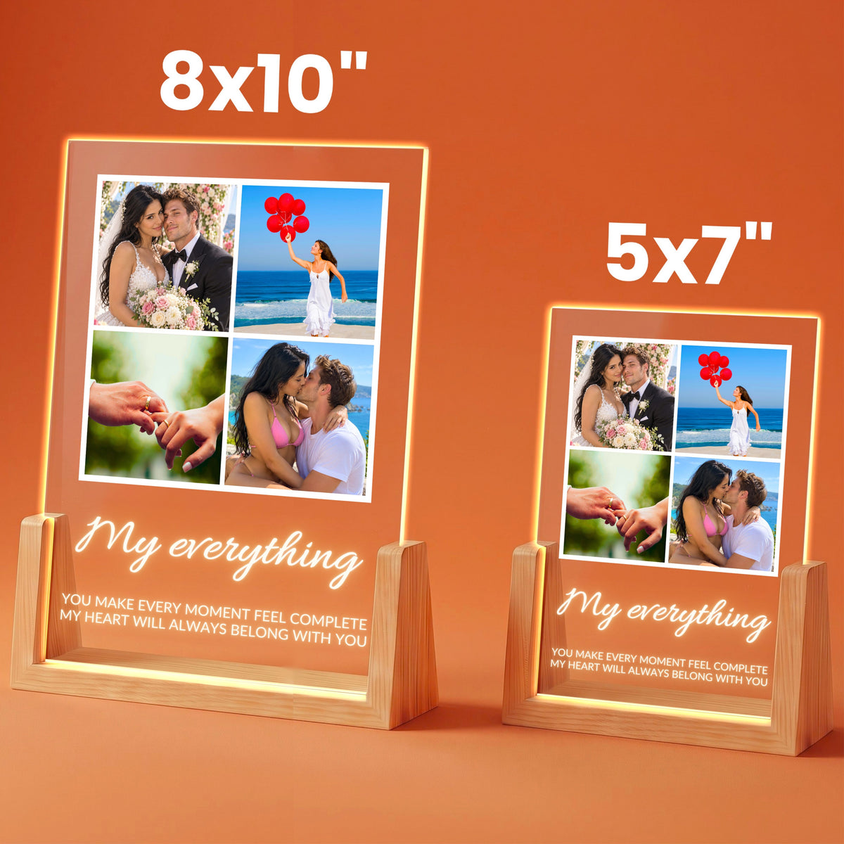 Four Photo Collage Plaque - Elegant Script in 8x10 and 5x7 inch sizes on wooden LED stands
