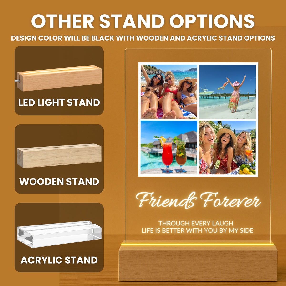 Four Photo Collage Plaque - Elegant Script stand options: LED light stand, wooden stand and acrylic stand