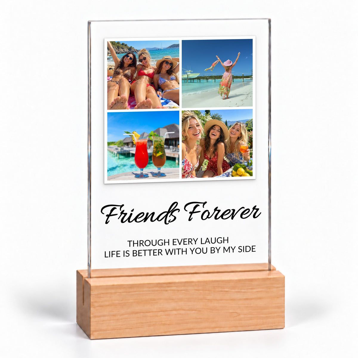 Clear acrylic Four Photo Collage Plaque - Elegant Script on a plain wooden stand with the sample text Friends Forever, on white
