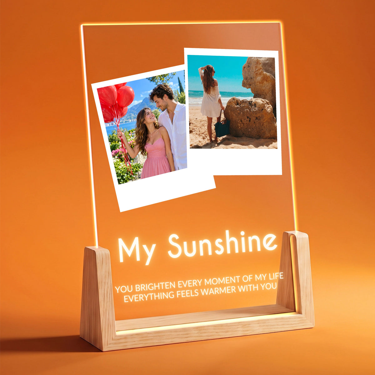 Two Photo Collage Plaque - Bold Caps lit on a wooden LED stand with two instant-style photos and the sample text My Sunshine
