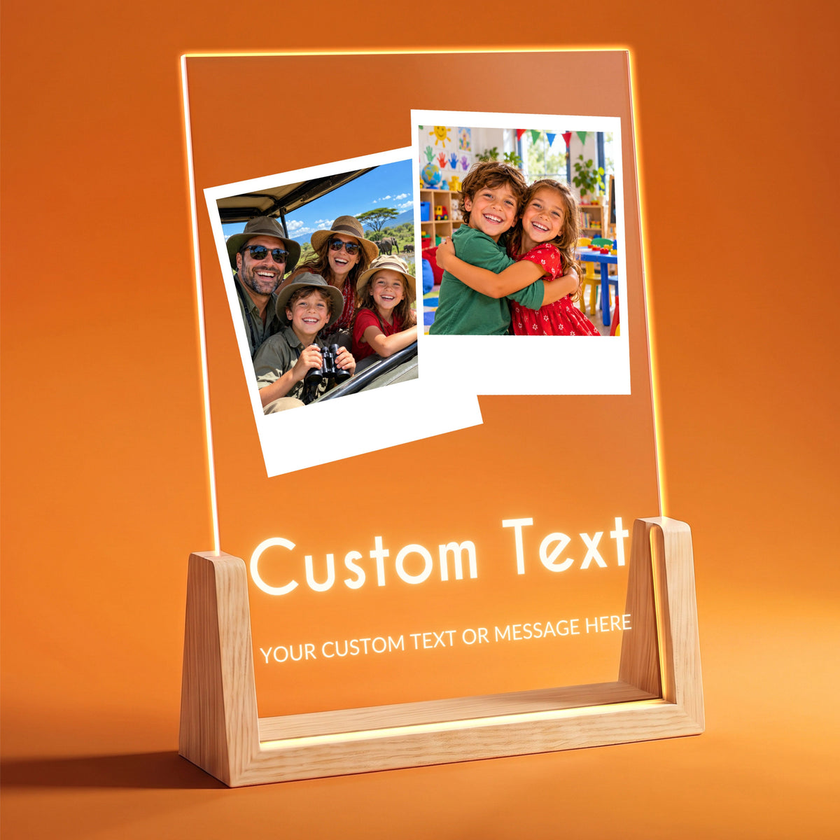 Two Photo Collage Plaque - Bold Caps on a wooden LED stand with two instant-style photos and the placeholder text Custom text