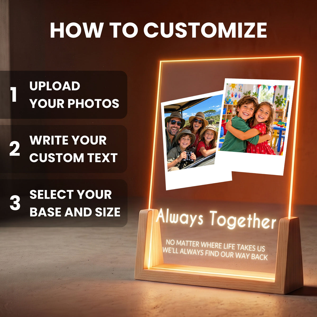 How to customize the Two Photo Collage Plaque - Bold Caps: upload your photos, write your custom text, select base and size