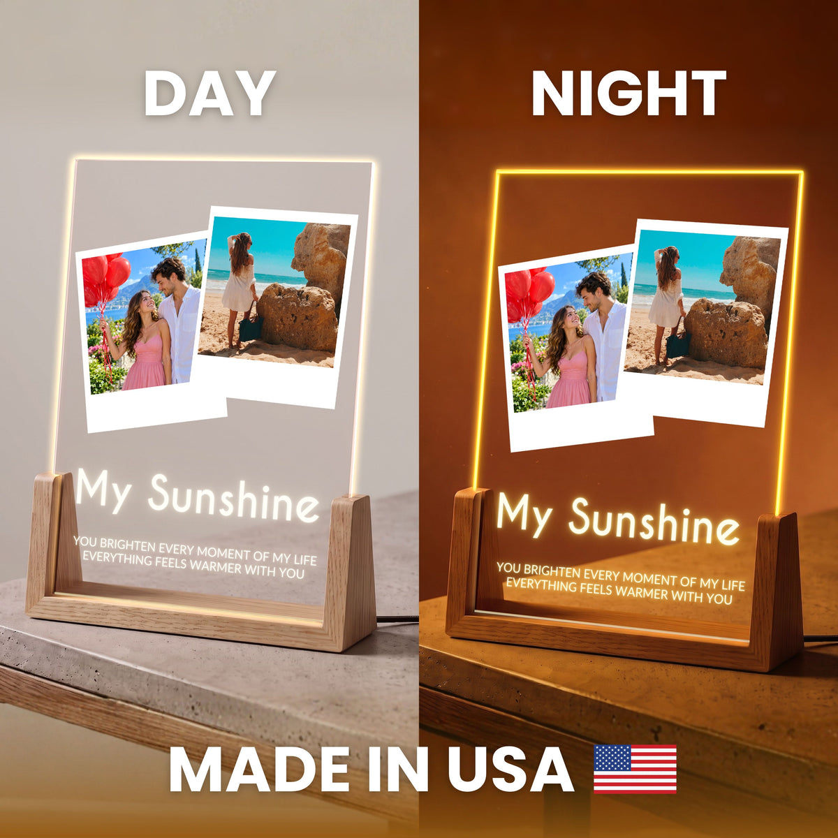 Two Photo Collage Plaque - Bold Caps shown by day and lit at night, labeled Made in USA