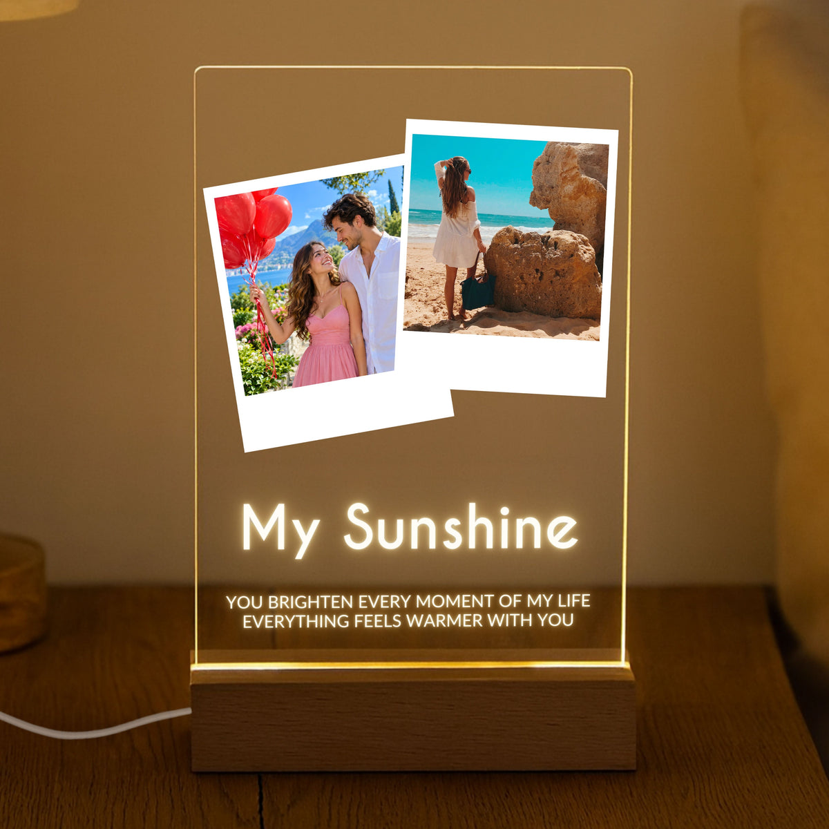 Two Photo Collage Plaque - Bold Caps glowing on a wooden LED stand in a dark room with the sample text Always Together