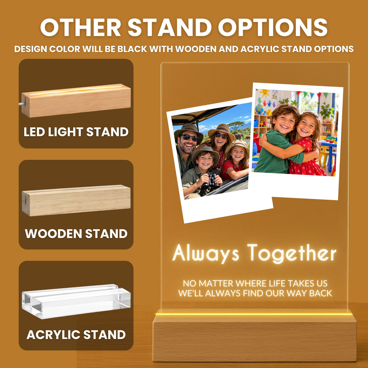 Two Photo Collage Plaque - Bold Caps stand options: LED light stand, wooden stand and acrylic stand