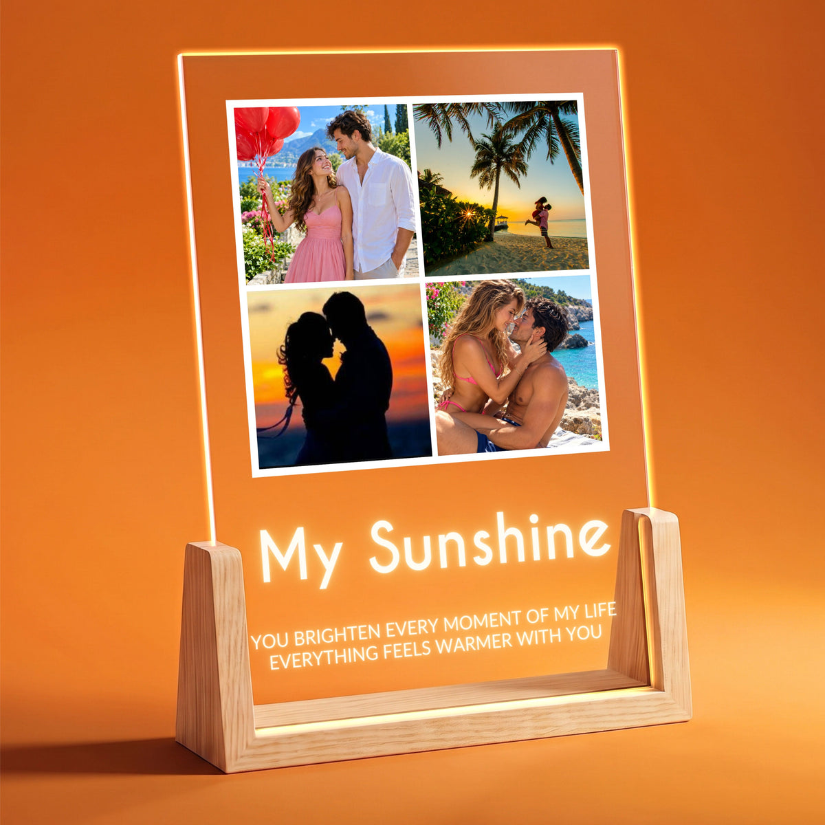 Four Photo Collage Plaque - Bold Caps lit on a wooden LED stand with four photos and the sample text My Sunshine