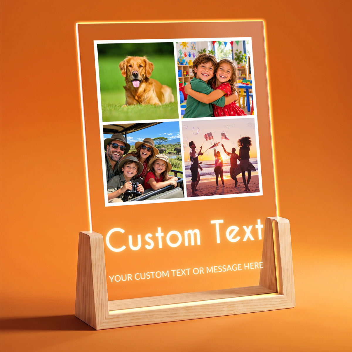 Four Photo Collage Plaque - Bold Caps on a wooden LED stand with four photos and the placeholder text Custom text