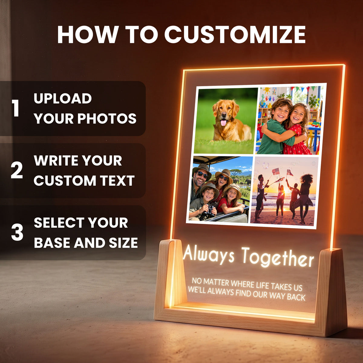 How to customize the Four Photo Collage Plaque - Bold Caps: upload your photos, write your custom text, select base and size