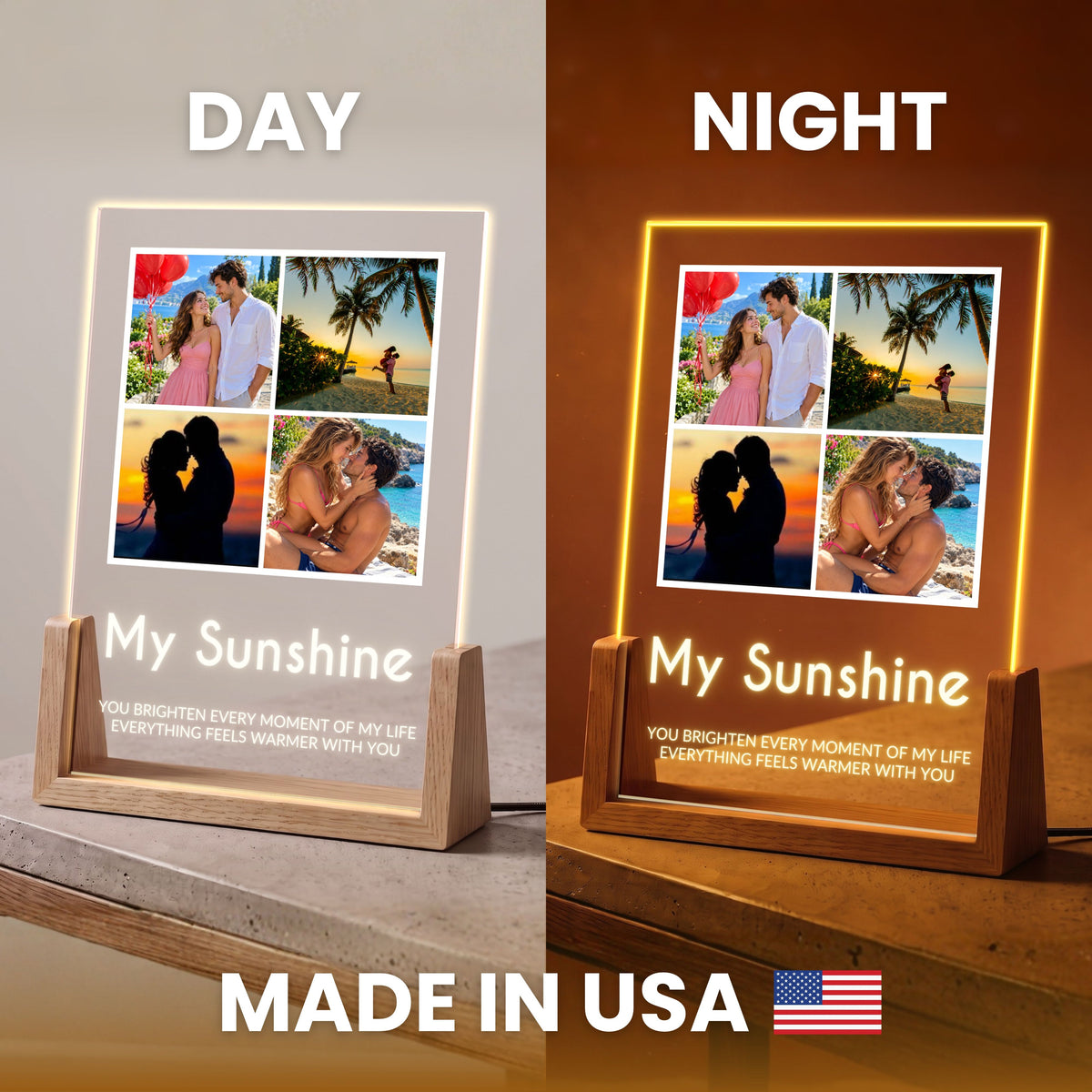 Four Photo Collage Plaque - Bold Caps shown by day and lit at night, labeled Made in USA