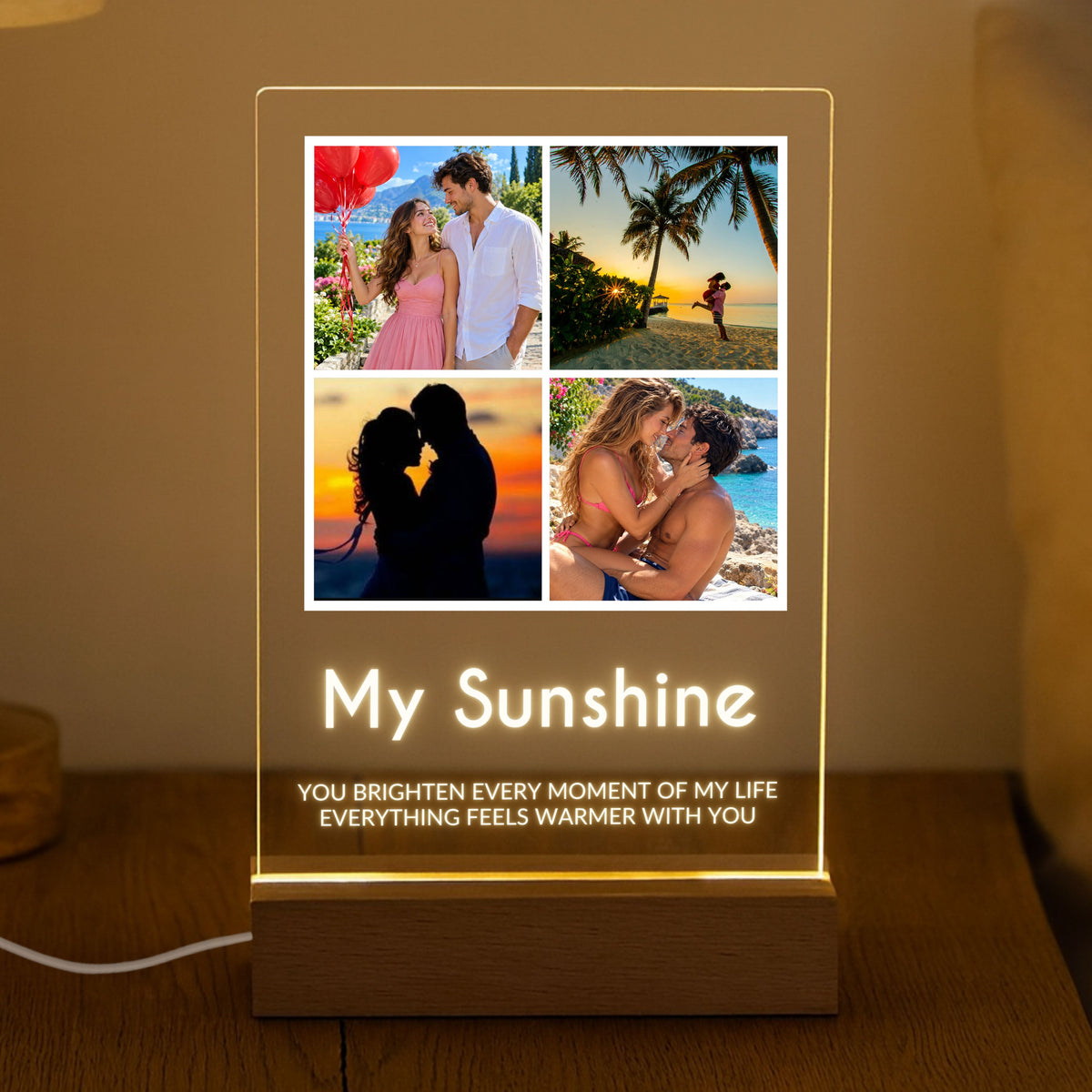 Four Photo Collage Plaque - Bold Caps glowing on a wooden LED stand in a dark room with the sample text Always Together