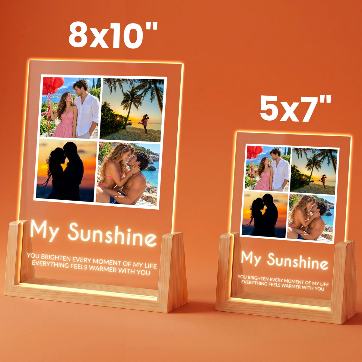 Four Photo Collage Plaque - Bold Caps in 8x10 and 5x7 inch sizes on wooden LED stands
