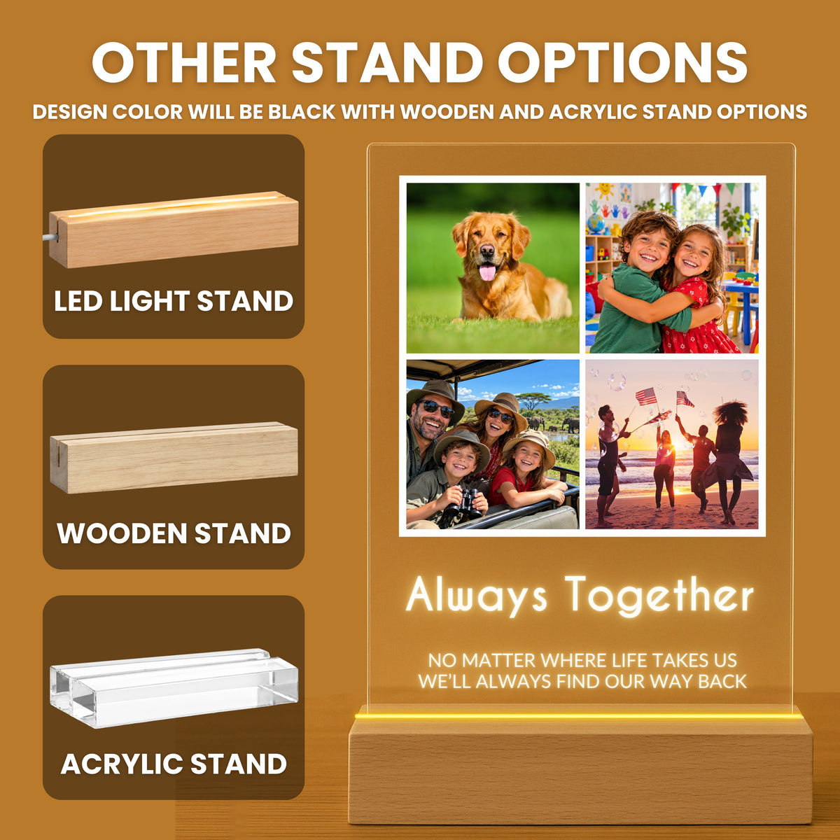 Four Photo Collage Plaque - Bold Caps stand options: LED light stand, wooden stand and acrylic stand