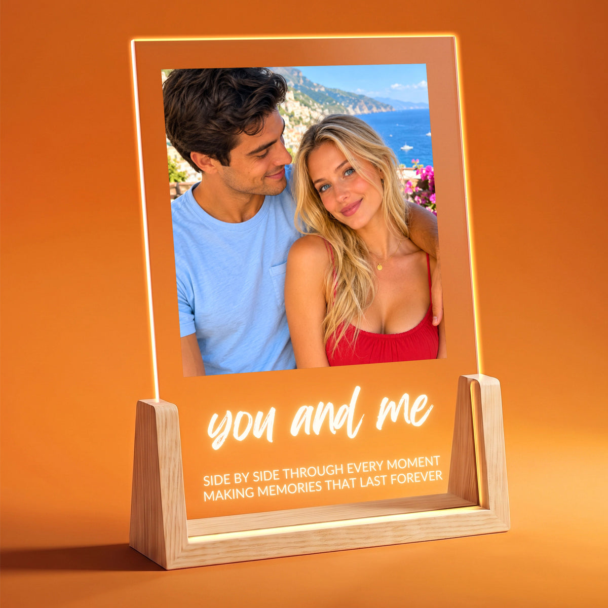 Photo Collage Plaque - Brush Script lit on a wooden LED stand with one photo of friends and the sample text you and me