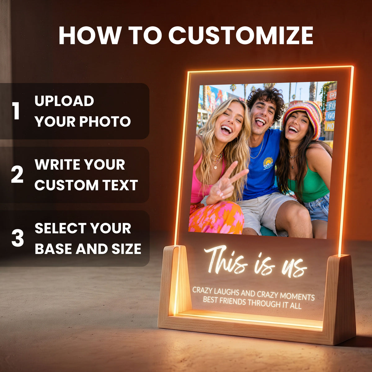 How to customize the Photo Collage Plaque - Brush Script: upload your photo, write your custom text, select base and size