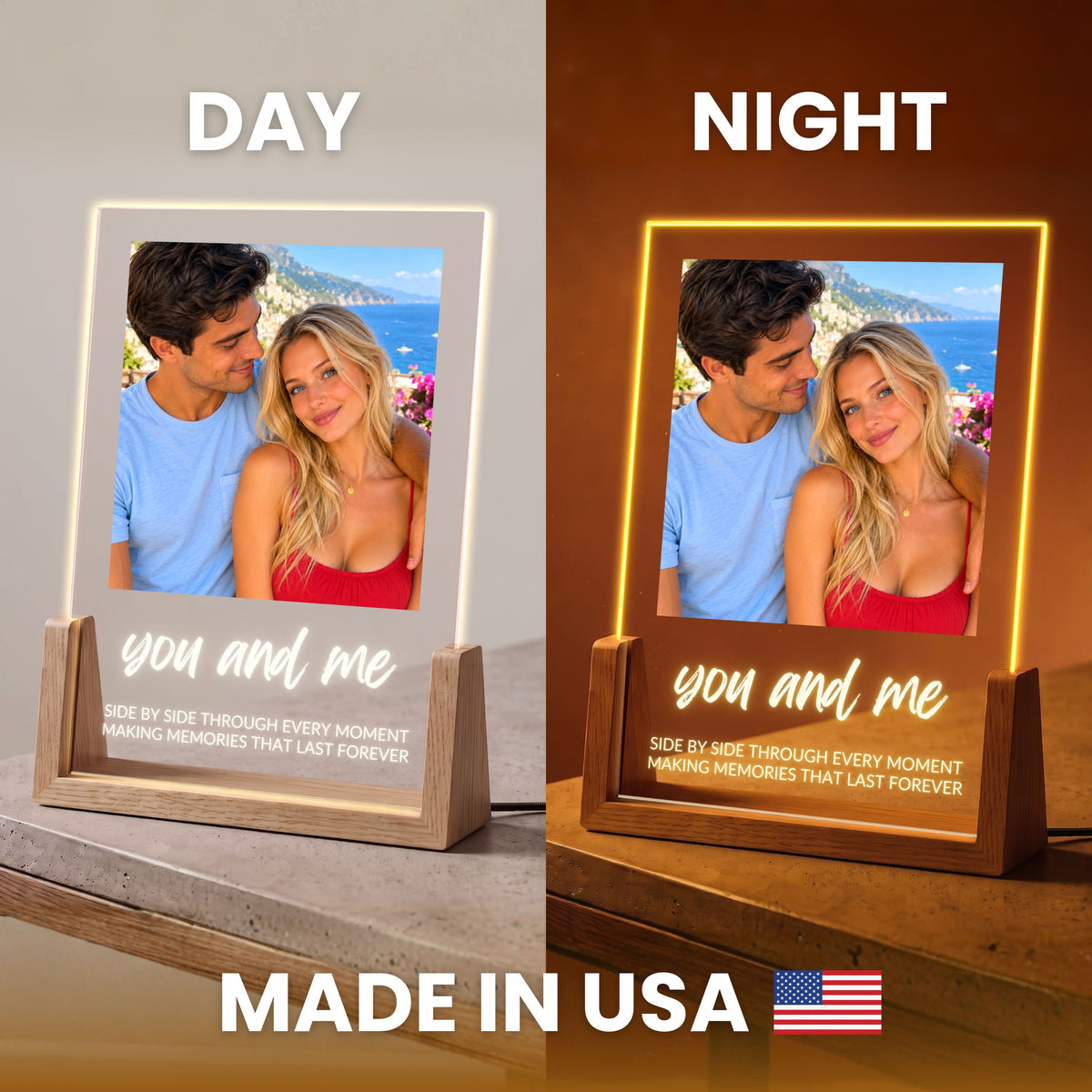 Photo Collage Plaque - Brush Script shown by day and lit at night, labeled Made in USA