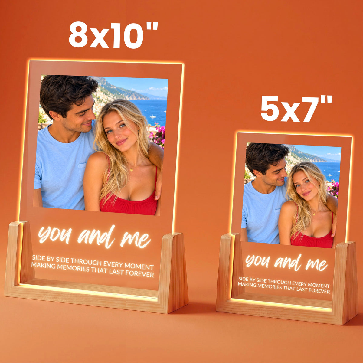 Photo Collage Plaque - Brush Script in 8x10 and 5x7 inch sizes on wooden LED stands