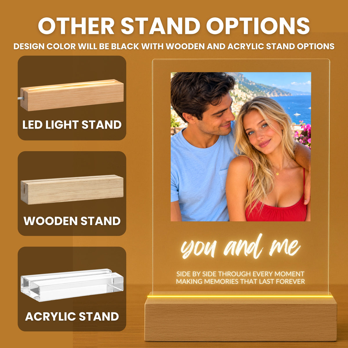 Photo Collage Plaque - Brush Script stand options: LED light stand, wooden stand and acrylic stand