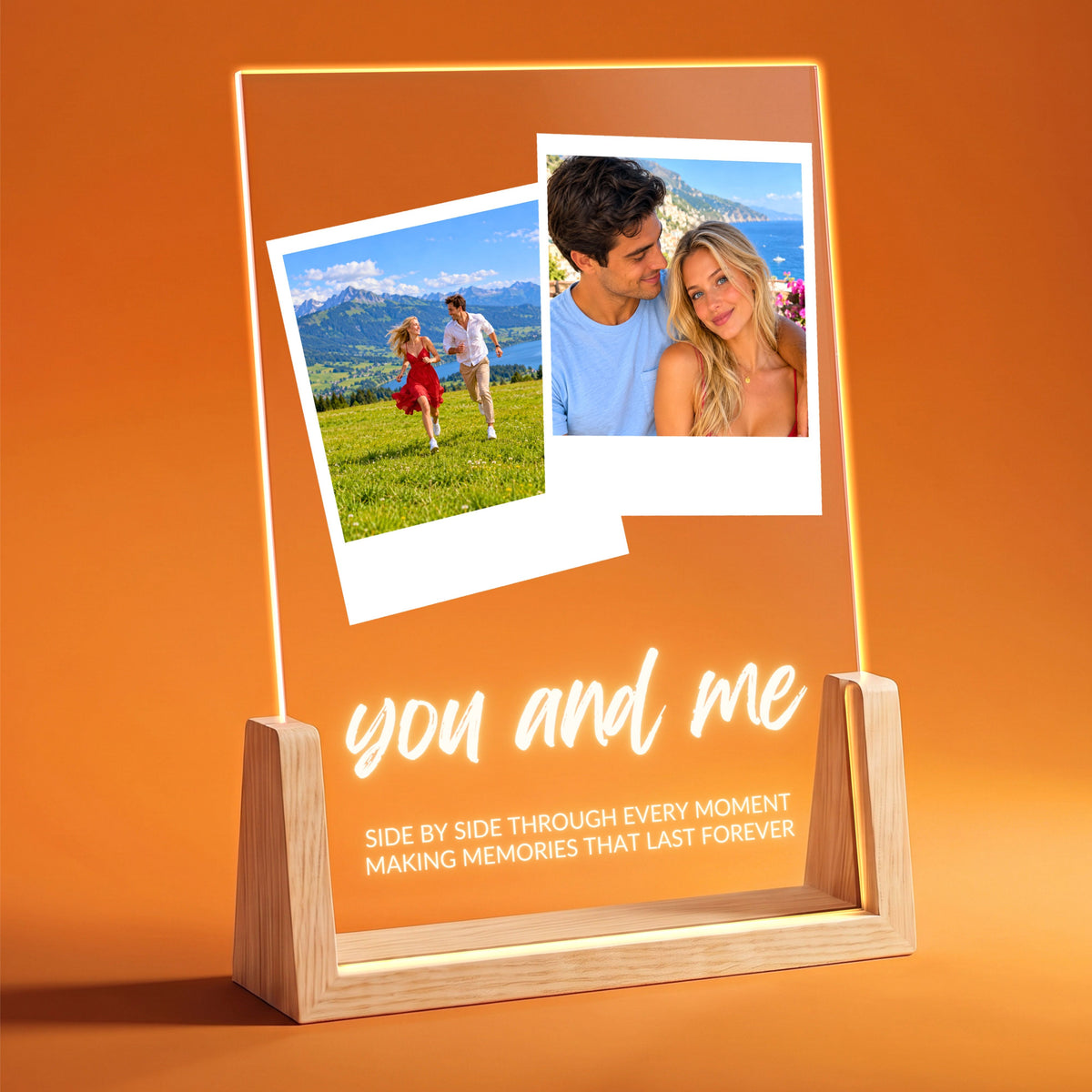 Two Photo Collage Plaque - Brush Script lit on a wooden LED stand with two instant-style photos and the sample text you and me
