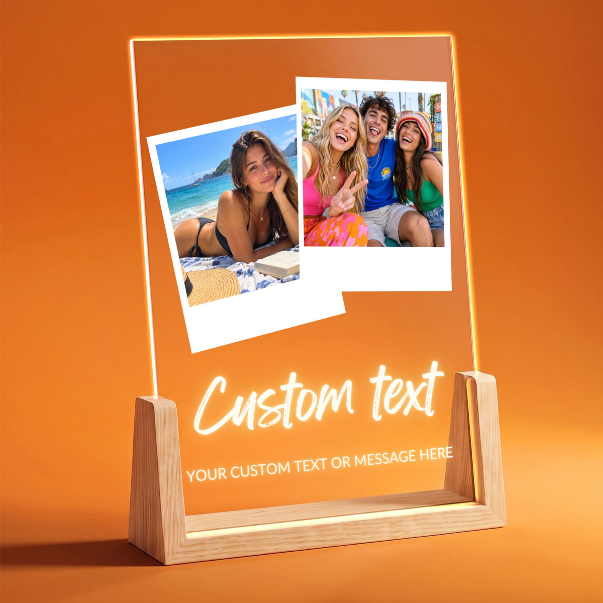 Two Photo Collage Plaque - Brush Script on a wooden LED stand with two instant-style photos and the placeholder text Custom text