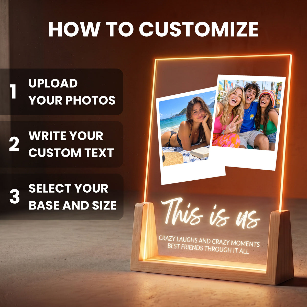 How to customize the Two Photo Collage Plaque - Brush Script: upload your photos, write your custom text, select base and size