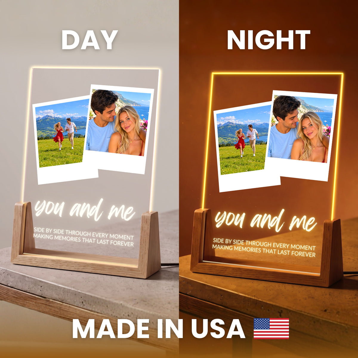 Two Photo Collage Plaque - Brush Script shown by day and lit at night, labeled Made in USA