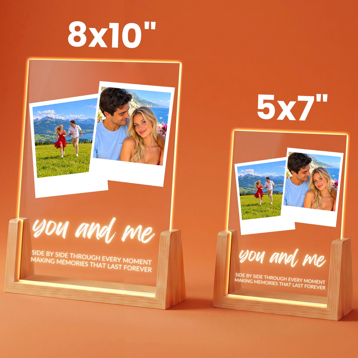 Two Photo Collage Plaque - Brush Script in 8x10 and 5x7 inch sizes on wooden LED stands