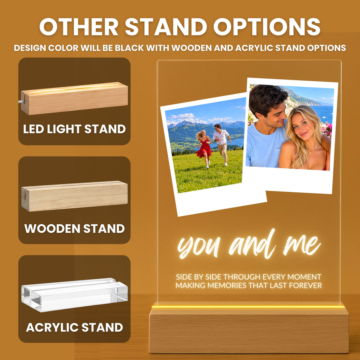 Two Photo Collage Plaque - Brush Script stand options: LED light stand, wooden stand and acrylic stand
