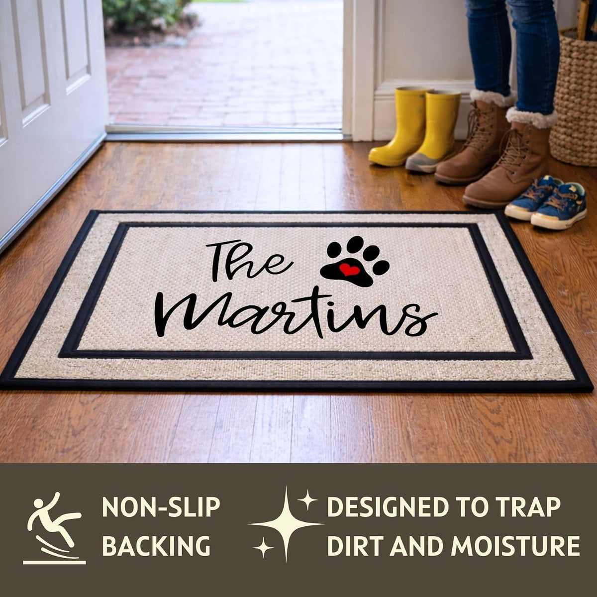 Script Family Name Paw Print Door Mat
