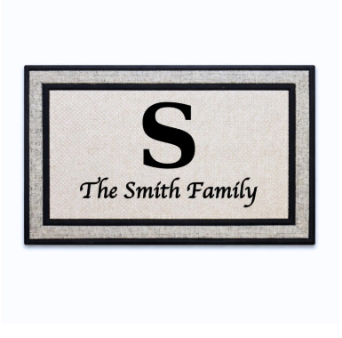 18 x 30 inch polyester doormat featuring a large single initial with a script family name below.