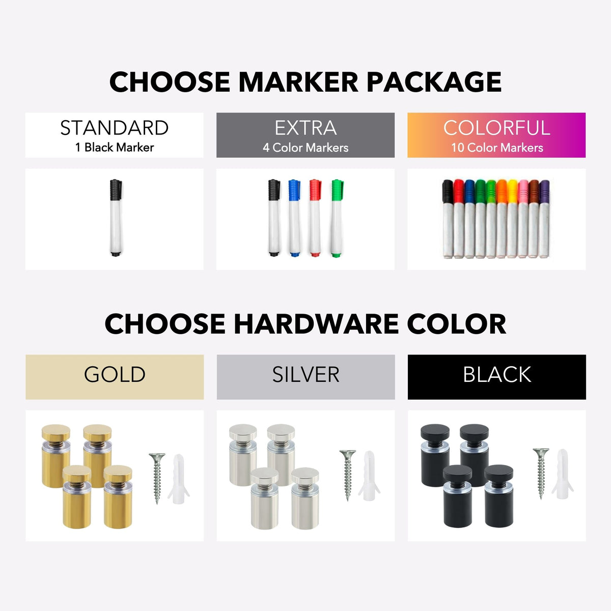 Calendar options: one black marker, four colored markers or ten colored markers, with gold, silver or black mounting hardware.