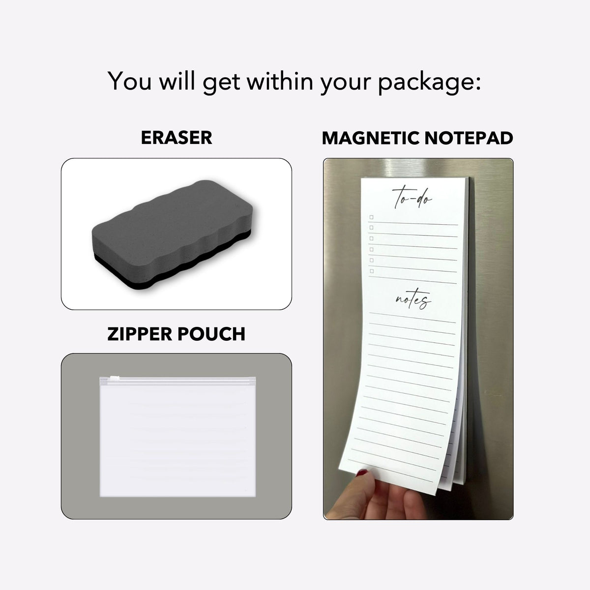 Calendar package accessories shown: a dry-erase eraser, a zipper pouch and a magnetic notepad with To-do and Notes sections.