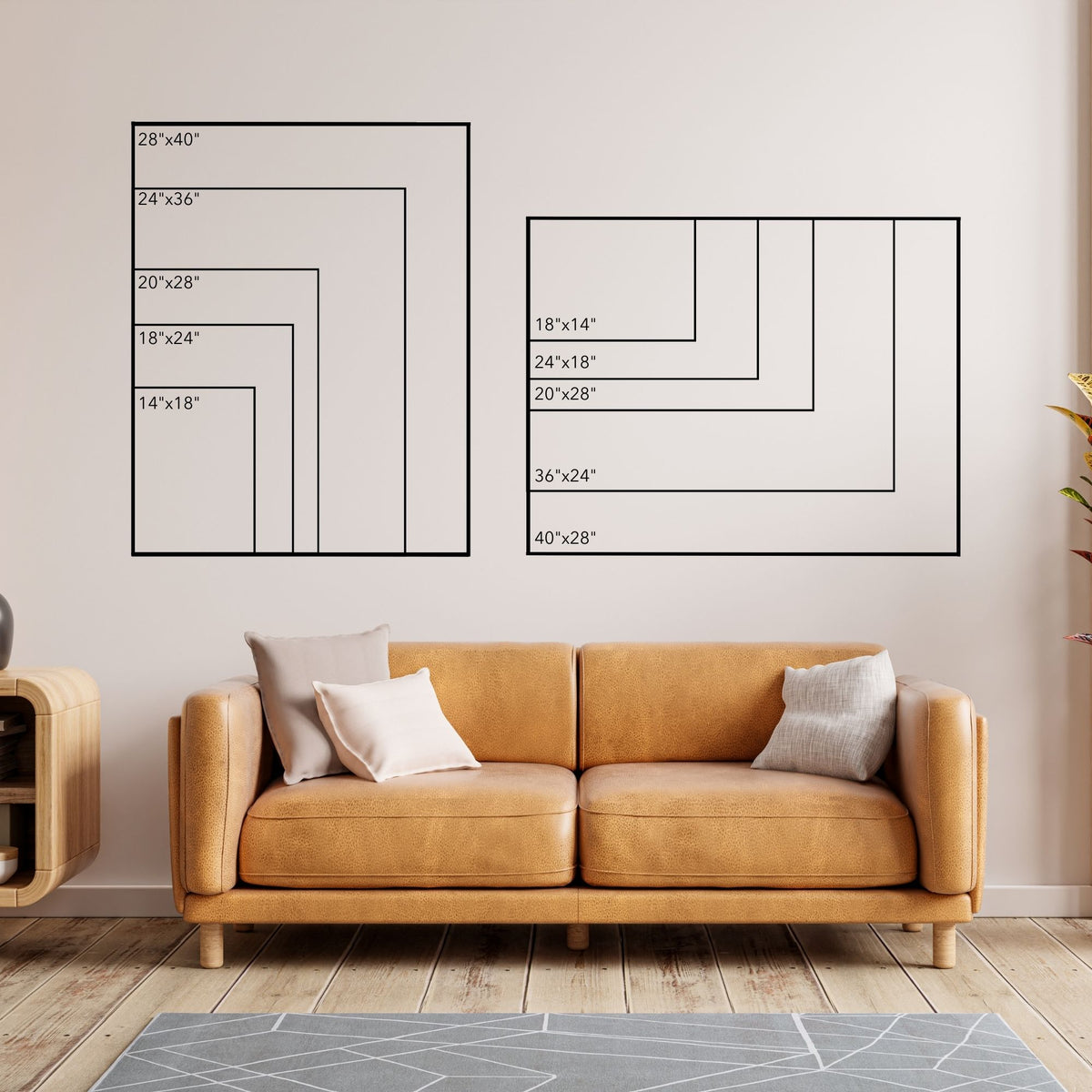 Wall calendar size comparison above a sofa, showing portrait and landscape outlines from 14 × 18 to 28 × 40 inches.